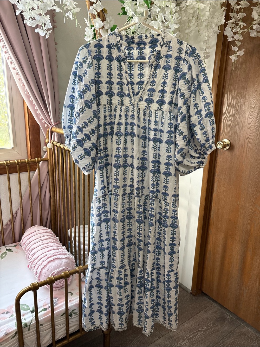 Boho Blue Floral Maxi Dress 100% Cotton - White & Blue
